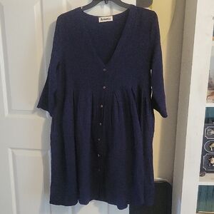 Mordenmiss Navy Crepe Button-Front V-Neck Long Sleeve Dress with pockets